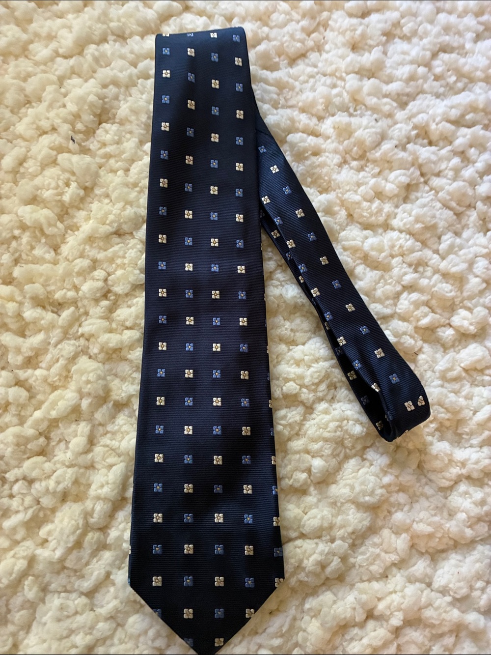 Lands' End Navy Silk Tie with Small Square Motif
